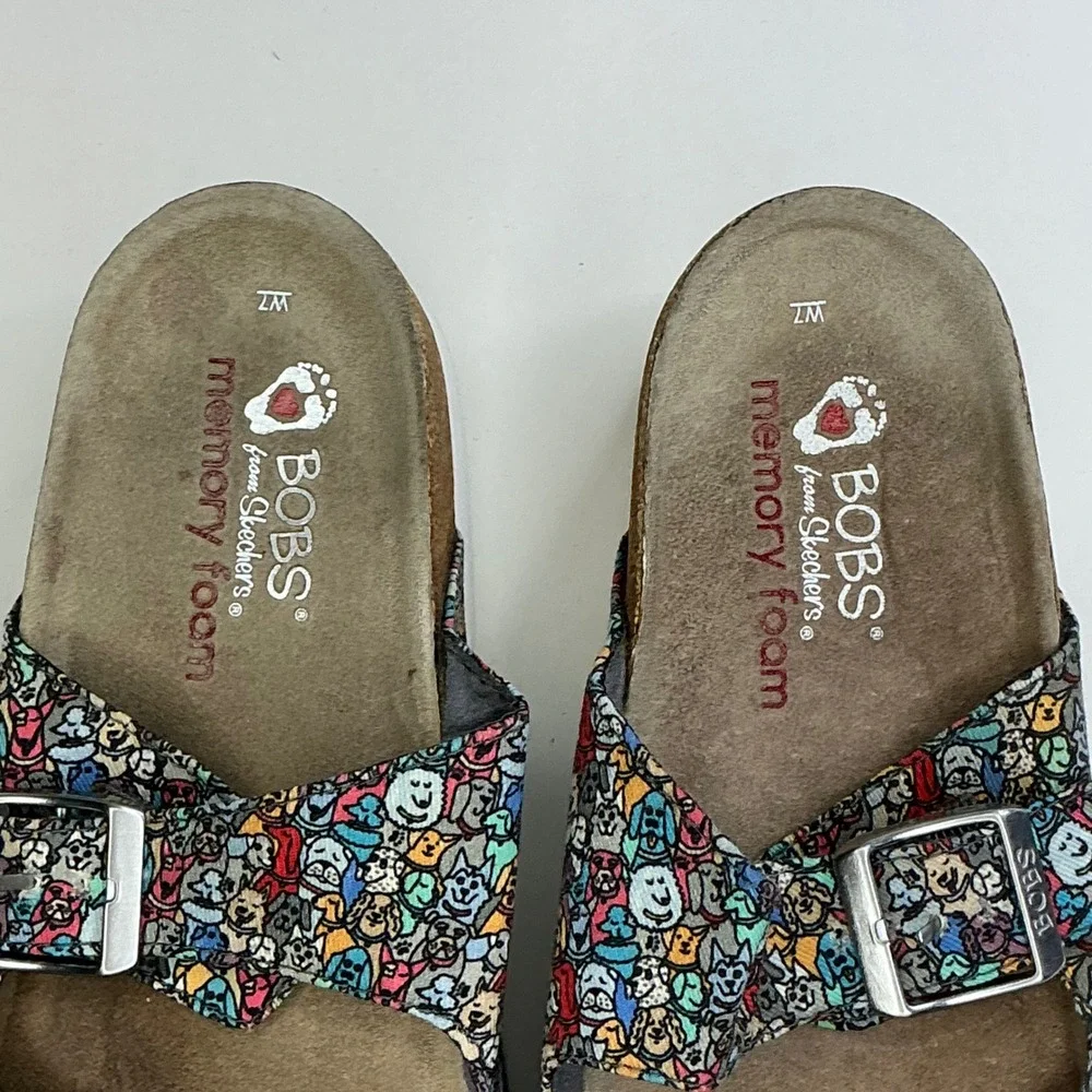 BOBS Skechers Multicolor Dog Print Slide Sandals Kids Size 7 Memory Foam Buckle